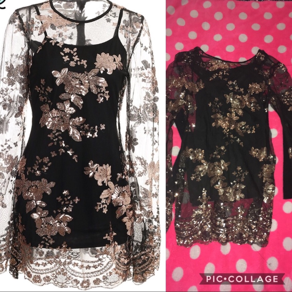 Cute GOLDEN BLING ON BLACK DRESS LARGE NEW